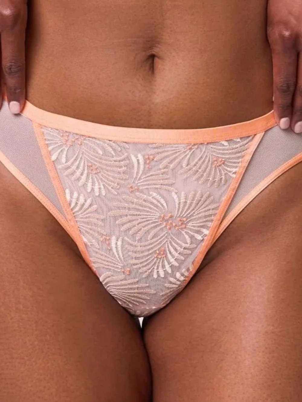 MONTELLE TANGERINE BIKINI Sheer Embroidered High-Cut Bikini Panty - Peach